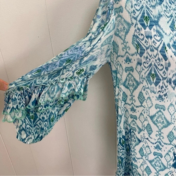 Miss June Paris Blue Green White Ikat Print Long Sleeve Embroidered Ruffle Dress - Picture 4 of 16